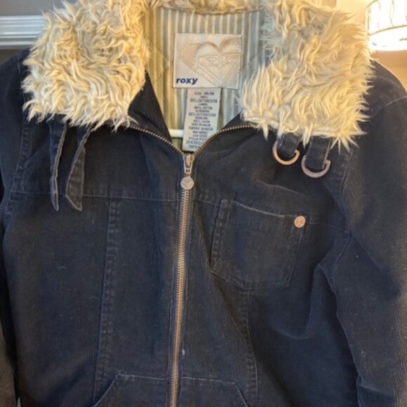 Roxy Dark Blue Corduroy Jacket with faux Fur Sleeves and Collar, Size M - Picture 2 of 5